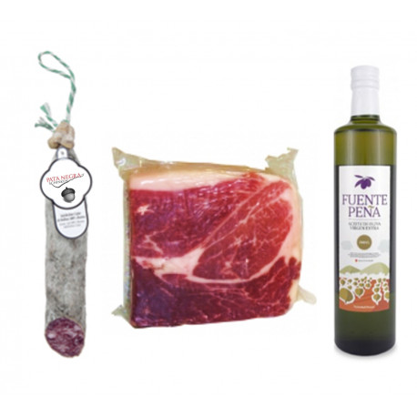 Packung Olivenöl Virgen Extra + 1/2 Salchichon + 1Kg Iberischer Schinken 100% Packung Olivenöl Virgen Extra + 1/2 Salchichon + 1Kg Iberischer Schinken 100%