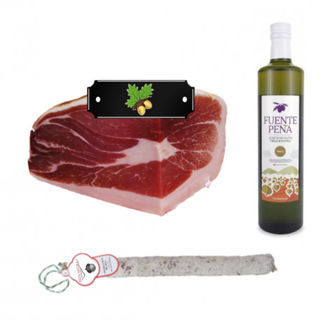 Pack Huile d'olive bouteille + 1/2 jambon ibérique label Noir + 1 Salchichon VELA