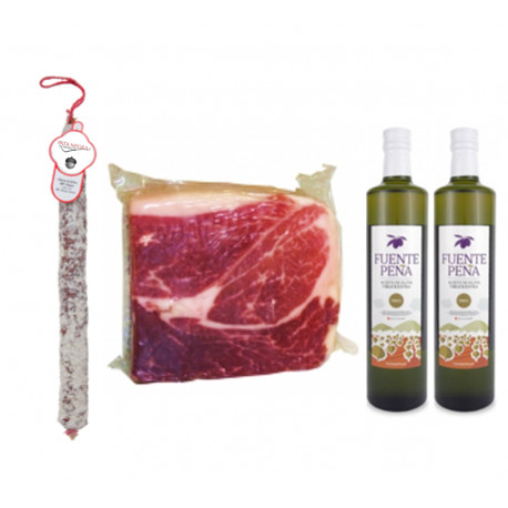 Pack 2 Olivenöl Virgen Extra + 1Kg Iberischer Schinken 100% + 1 Chorizo VELA