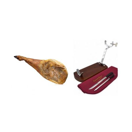 Pack Green label Jamón Ibérico Dry HAM with BONE+Support base and Knife