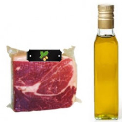 Pack Huile d'olive bouteille + 1Kg jambon ibérique Label Noir 